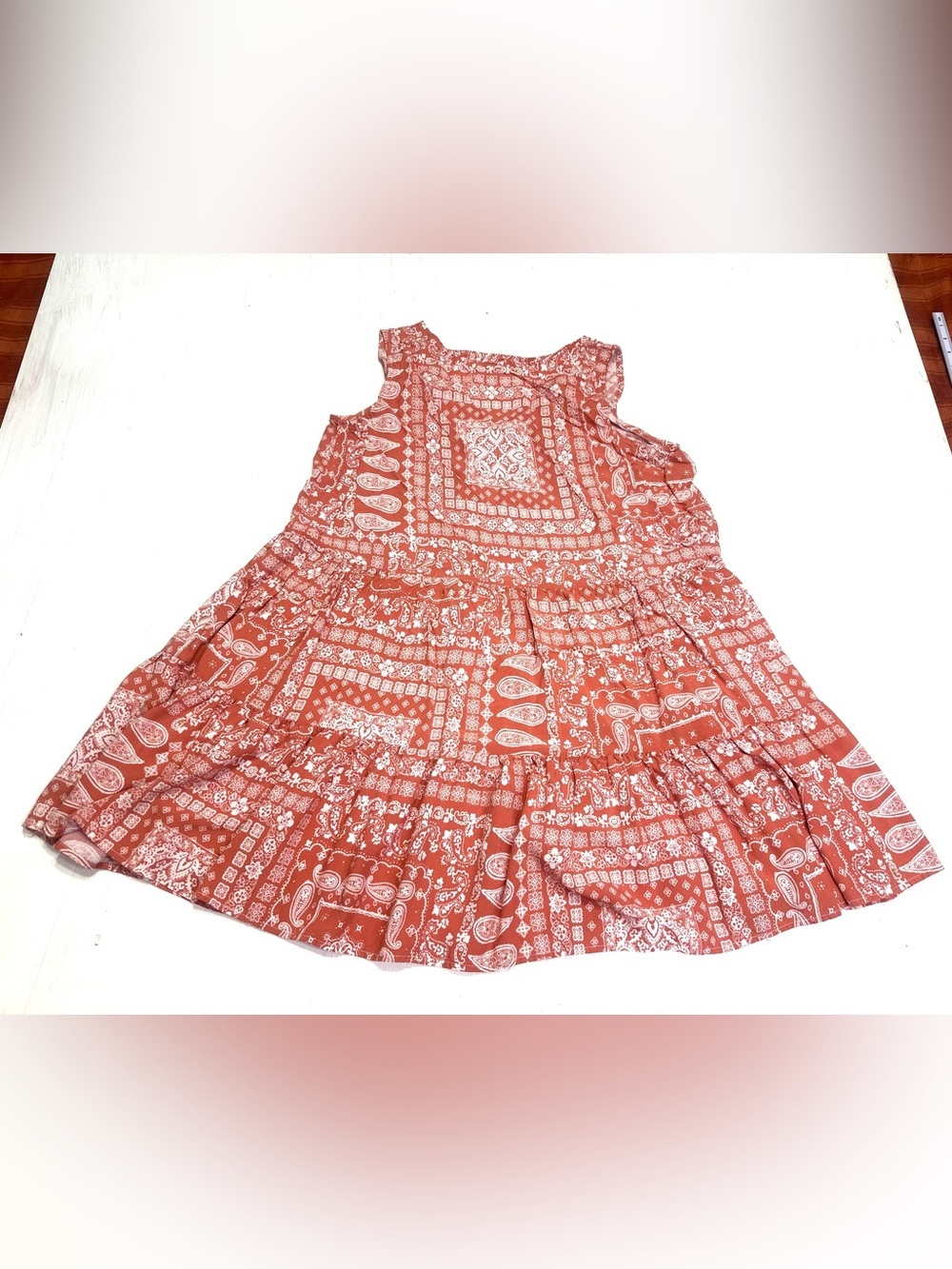 True Craft XL Coral Bandana Print Tiered Tunic Dress Boho Festival Rayon - Picture 3 of 9